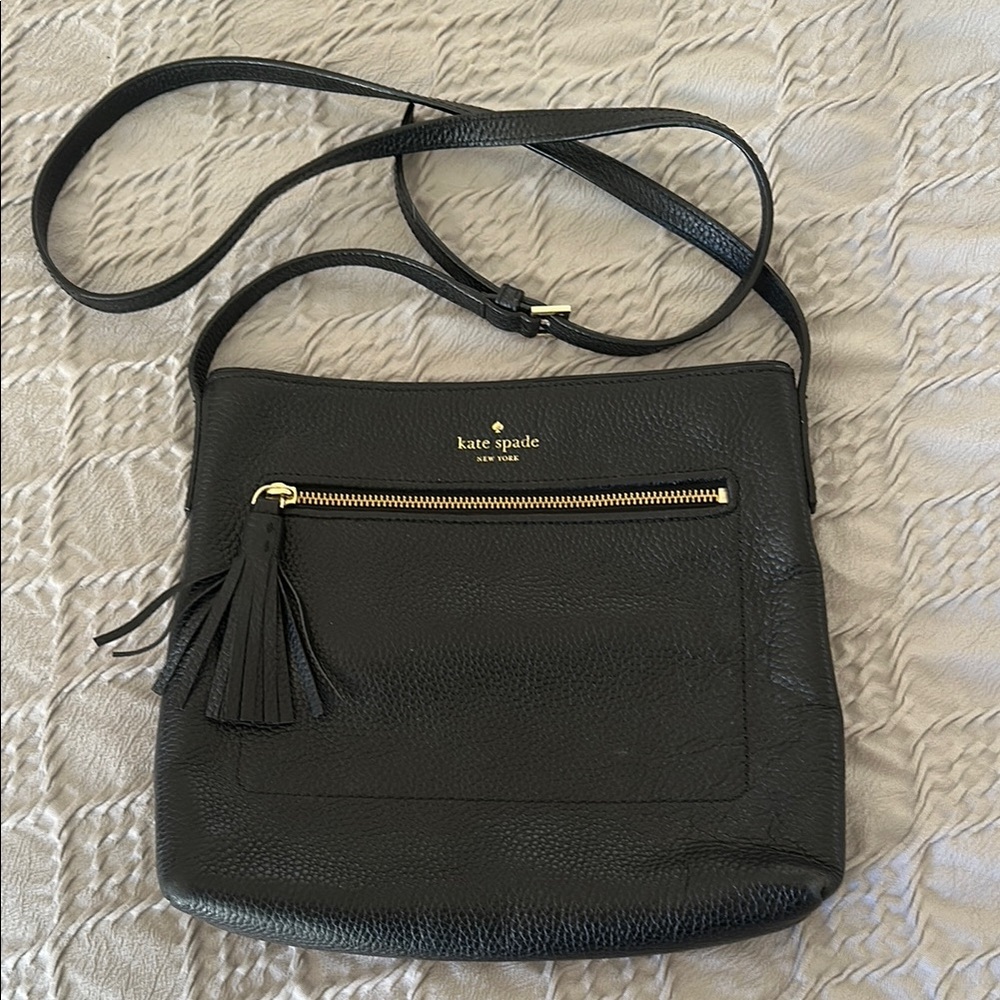 Kate Spade Black Leather Crossbody Bag 11” wide 10” tall 2” deep